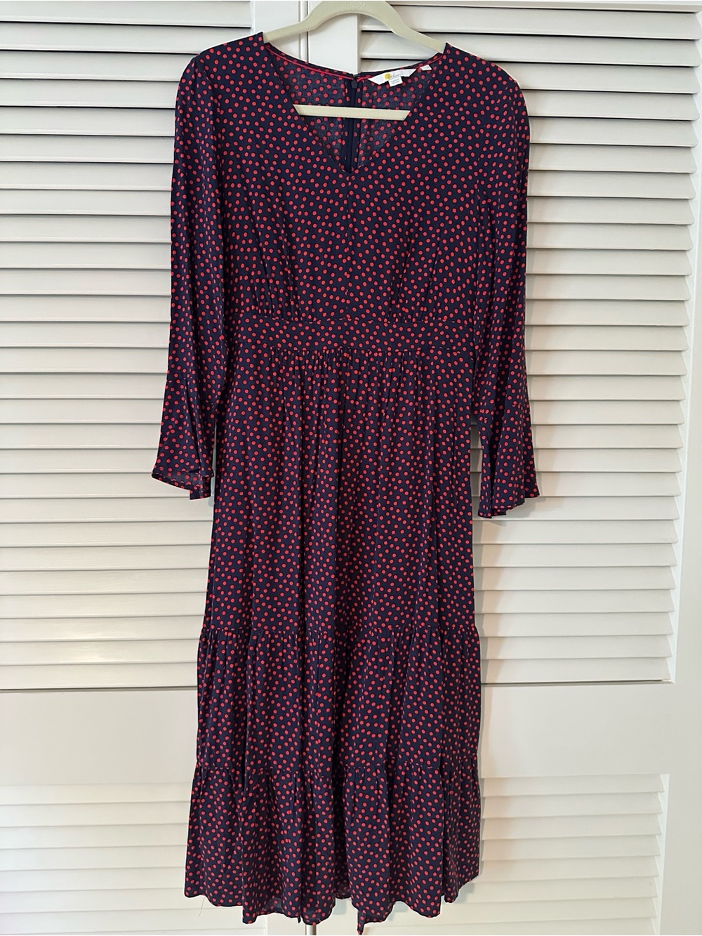 Boden Navy Midi Dress with Red Dot Print and Long Sleeves Sz 4